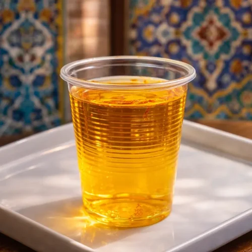 لیوان یکبار مصرف شفاف خویدک پر شده با شربت زعفران در فضای پذیرایی ایرانی

