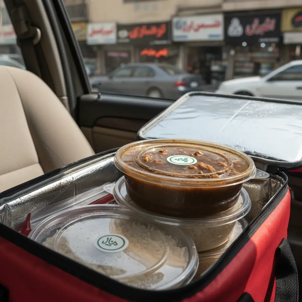 کاسه پلاستیکی درب قفل‌دار حاوی خورشت فسنجان داخل کیف حمل غذای بیرون‌بر در ماشین