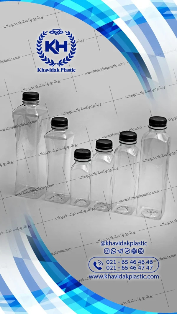 ست 6 تایی بطری پلاستیکی شفاف جویس با درب مشکی در شش سایز مختلف از کوچک 120 میلی لیتری تا بزرگ یک لیتری - انواع اندازه بطری آبمیوه خالی کنار هم