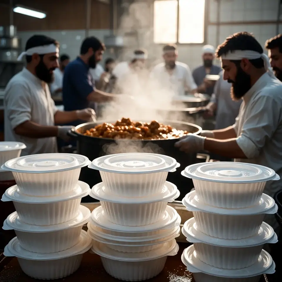 خادمان حسینیه در حال پخت غذای نذری، با ظروف یکبار مصرف سفید و تمیز در پیش‌زمینه تصویر، نمادی از طهارت و آمادگی برای توزیع در مراسم مذهبی