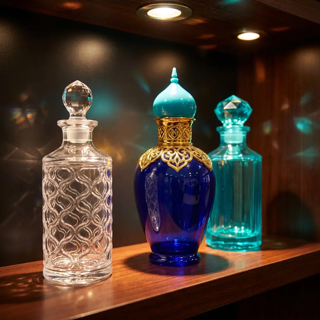 سه بطری پلاستیکی لوکس با طراحی الهام گرفته از معماری ایرانی شامل کلاهک گنبدی فیروزه‌ای، بدنه با نقوش اسلیمی برجسته و رنگ لاجوردی، در نورپردازی نمایشگاهی.