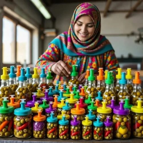 استادکار ایرانی در کارگاه سنتی، شیشه‌های ترشی و زیتون با رنگ‌های زنده را بررسی می‌کند؛ دریچه تنفسی مدرن روی درب‌های رنگی نصب شده است.