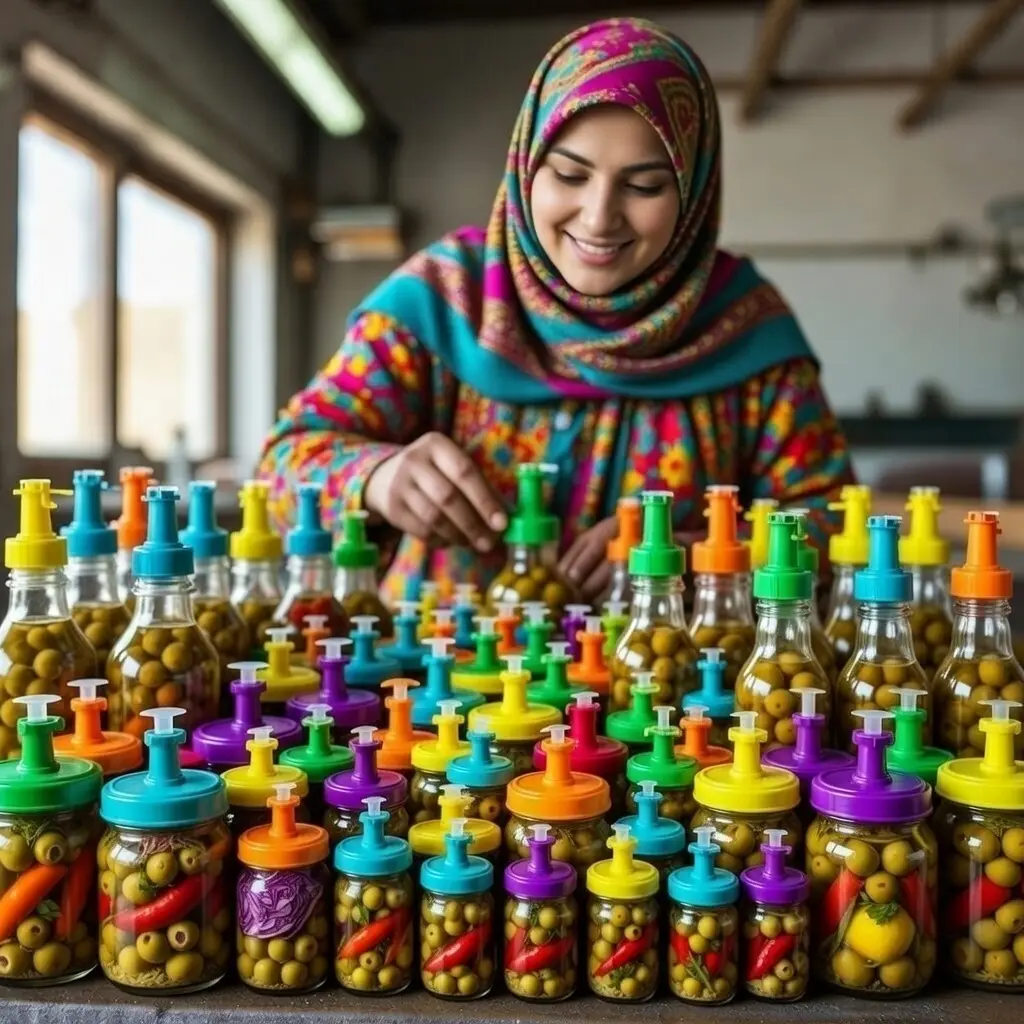 استادکار ایرانی در کارگاه سنتی، شیشه‌های ترشی و زیتون با رنگ‌های زنده را بررسی می‌کند؛ دریچه تنفسی مدرن روی درب‌های رنگی نصب شده است.