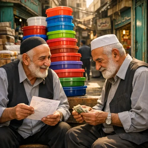 دو عمده‌فروش سنتی در حال مذاکره چهره‌به‌چهره در بازار شوش تهران – نماد اعتماد و روابط انسانی در تجارت سنتی