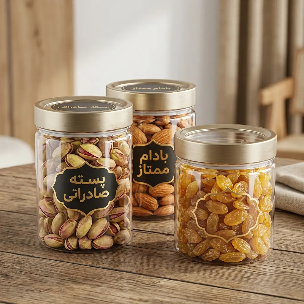 ظروف پلاستیکی لوکس و شفاف حاوی پسته و بادام صادراتی با طراحی بسته‌بندی پرمیوم