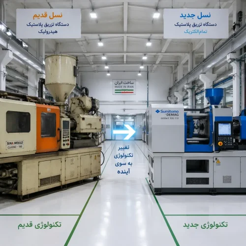 مقایسه دستگاه تزریق پلاستیک قدیمی و مدرن در کارخانه ایران – نماد انتقال نسل از پدر به پسر در صنعت پلاستیک