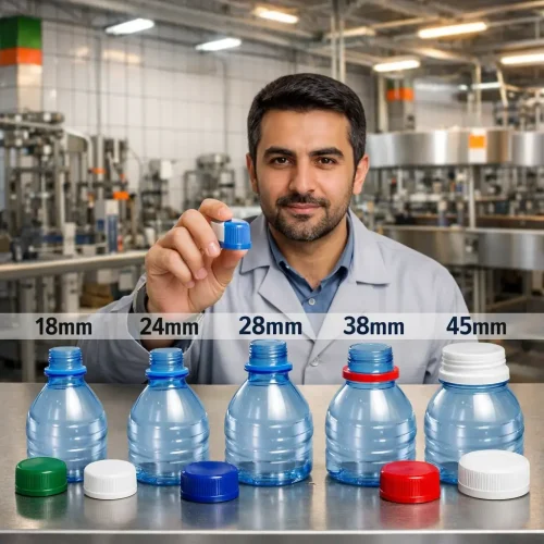 مقایسه پنج سایز دهانه بطری (18، 24، 28، 38 و 45) در کارخانه تولید نوشیدنی ایران – راهنمای انتخاب استاندارد