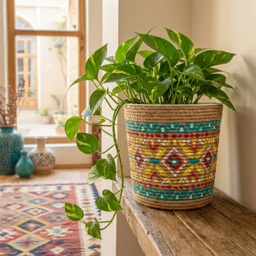گلدان تزئین‌شده ساخته شده از ظرف ماست با طراحی رنگی