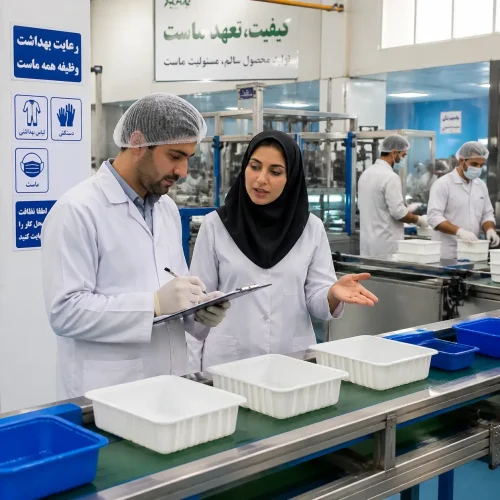 بازرس غذا و دارو در کنار مدیر کیفیت در حال بررسی خط تولید ظروف پلاستیکی – همراهی شفاف و حرفه‌ای