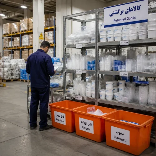 انبار کالاهای مرجوعی در عمده‌فروشی پلاستیک با دسته‌بندی قابل فروش، بازیافتی و آسیبدیده
