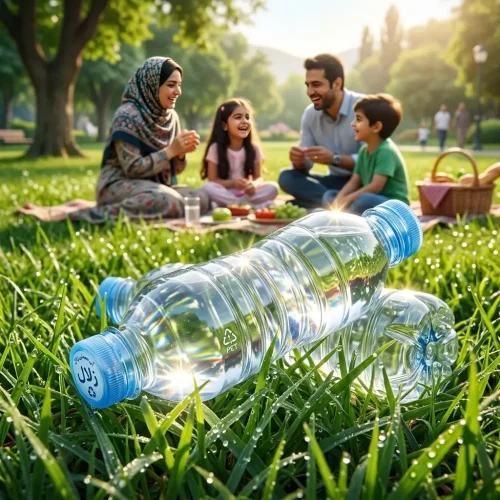 بطری‌های پلاستیکی شفاف و تمیز رها شده در طبیعت سرسبز با قابلیت بازیافت._result