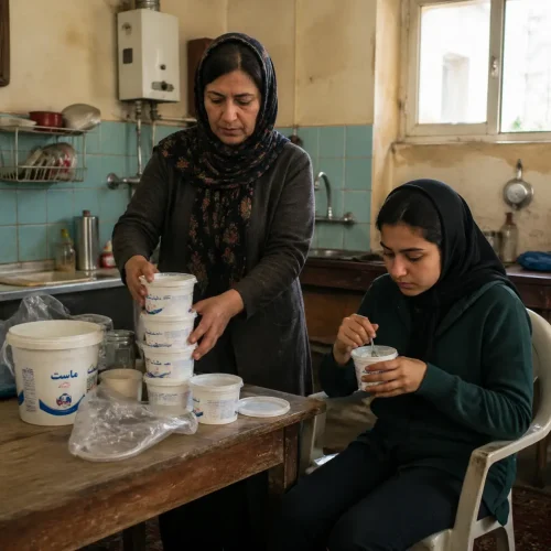 زن ایرانی در آشپزخانه ساده در حال چیدن ظروف پلاستیکی ماست – نمای واقع‌گرایانه از زندگی روزمره در سینمای ایران