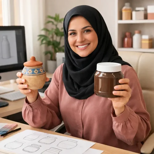 طراح بسته‌بندی ایرانی با حجاب اسلامی در حال مقایسه جار خمره‌ای سنتی و جار مدرن نوتلا
