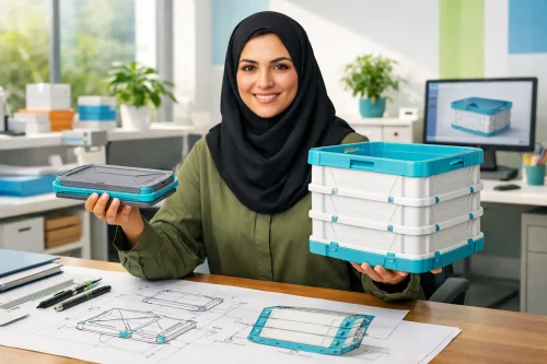 طراح صنعتی ایرانی با حجاب اسلامی در حال نمایش ظرف تاشو پنوماتیک