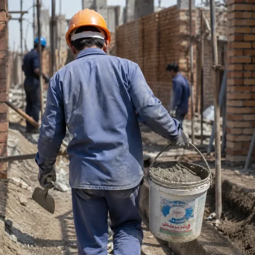 کارگر ساختمانی در حال حمل ملات سیمان با سطل ماست دسته‌دار در کارگاه عمرانی