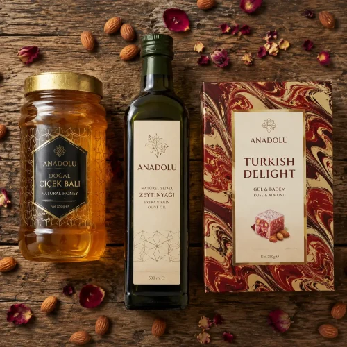 سه نمونه بسته‌بندی ترکی (عسل، روغن زیتون، لذیذ ترکی) با تلفیق نقوش سنتی و طراحی مدرن – سبک پرفروش