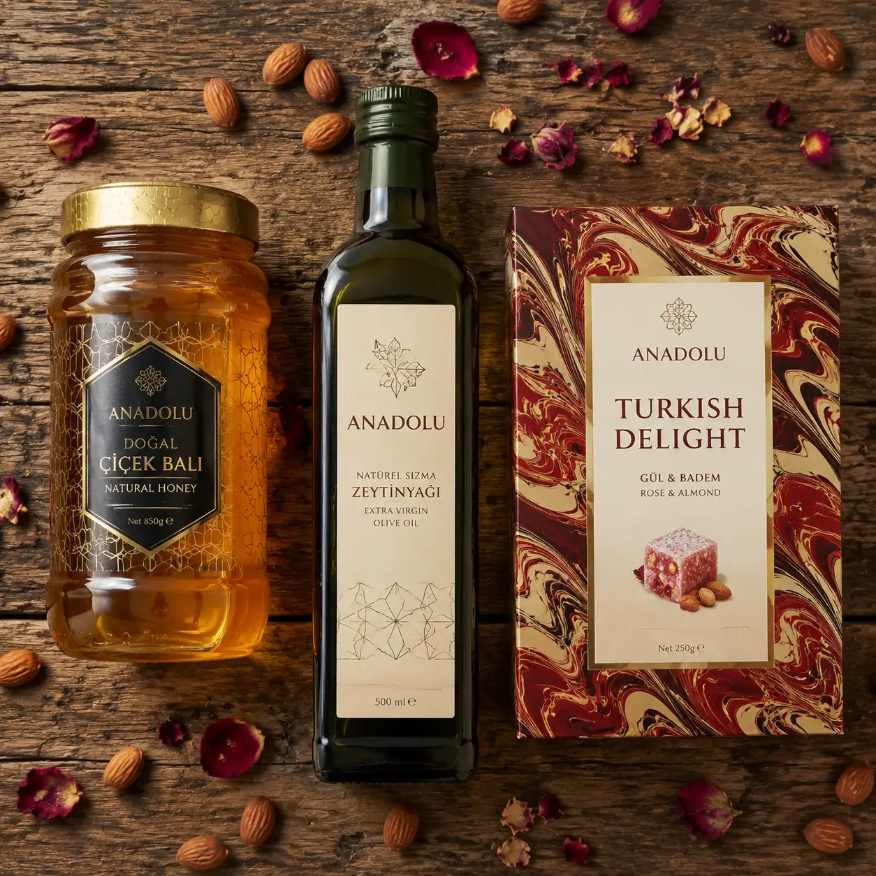سه نمونه بسته‌بندی ترکی (عسل، روغن زیتون، لذیذ ترکی) با تلفیق نقوش سنتی و طراحی مدرن – سبک پرفروش