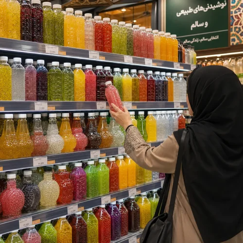 قفسه فروشگاه پر از بطری‌های شفاف PET با نوشیدنی‌های رنگارنگ و نورپردازی جذاب