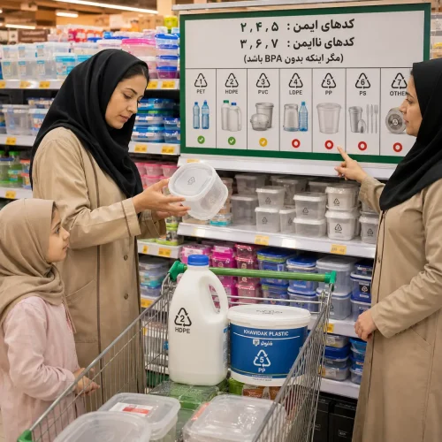 مادری در حال بررسی کد بازیافت کف ظروف پلاستیکی در فروشگاه با راهنمای کدهای ایمن