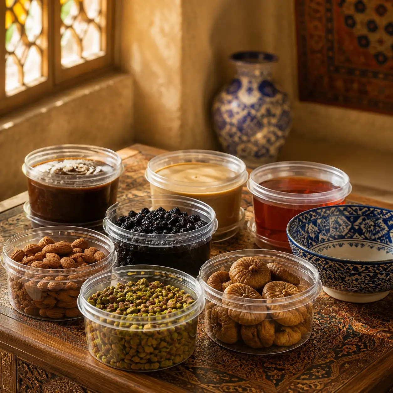 مجموعه ظروف پلاستیکی یکبارمصرف شفاف حاوی سوغات ایرانی حلوا ارده شیره مویز آجیل و خشکبار